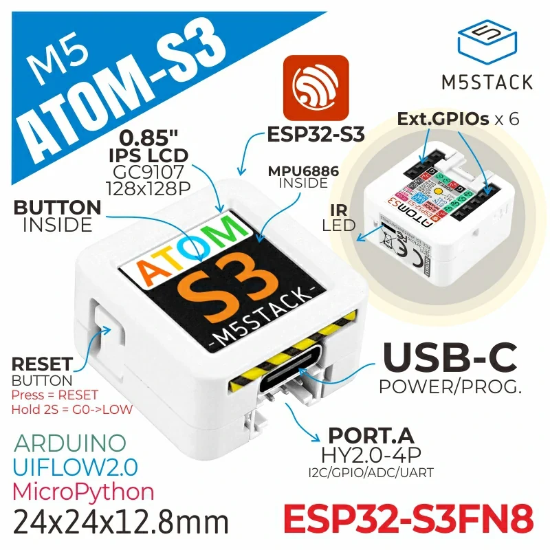 M5Stack ATOM-S3: ESP32-S3, tela e botão em um módulo compacto.