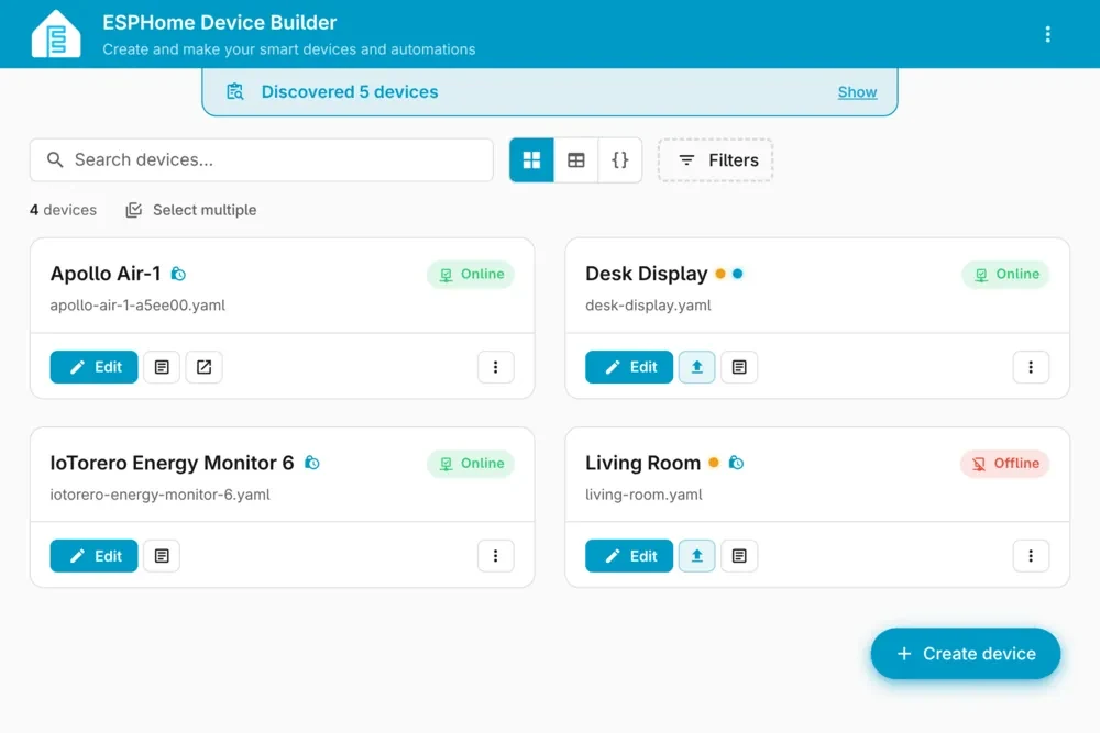Device Builder: seus projetos organizados em cartões.