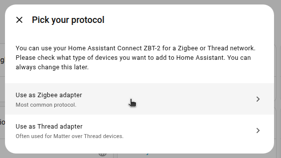 Escolha Zigbee no assistente do ZBT-2.