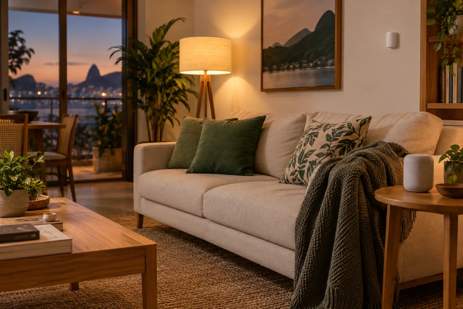 Sala com iluminação acolhedora, sensor e caixa de som inteligente