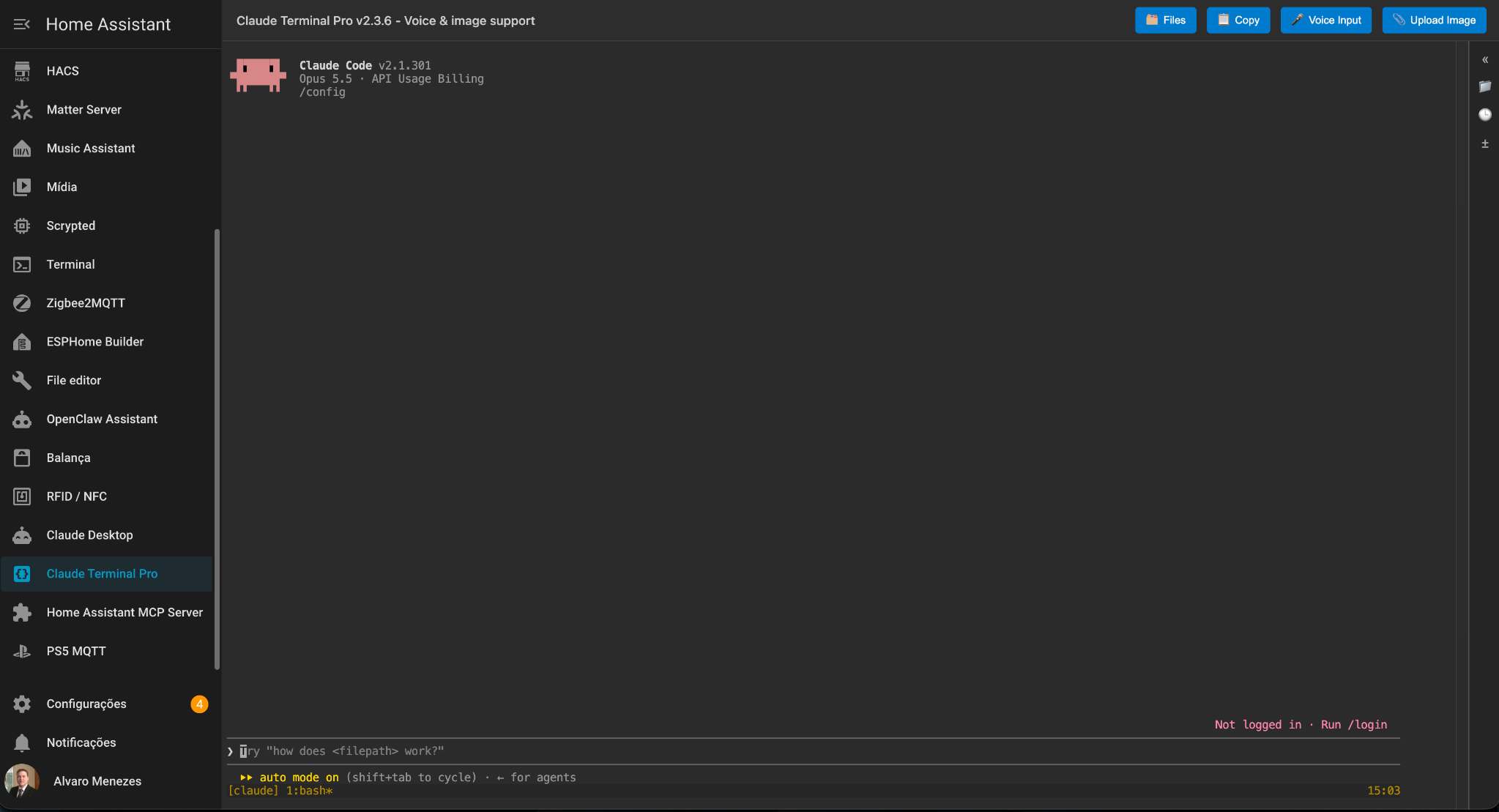 Interface do Claude Terminal Pro aberta no Home Assistant, com a mensagem de que não há sessão iniciada.