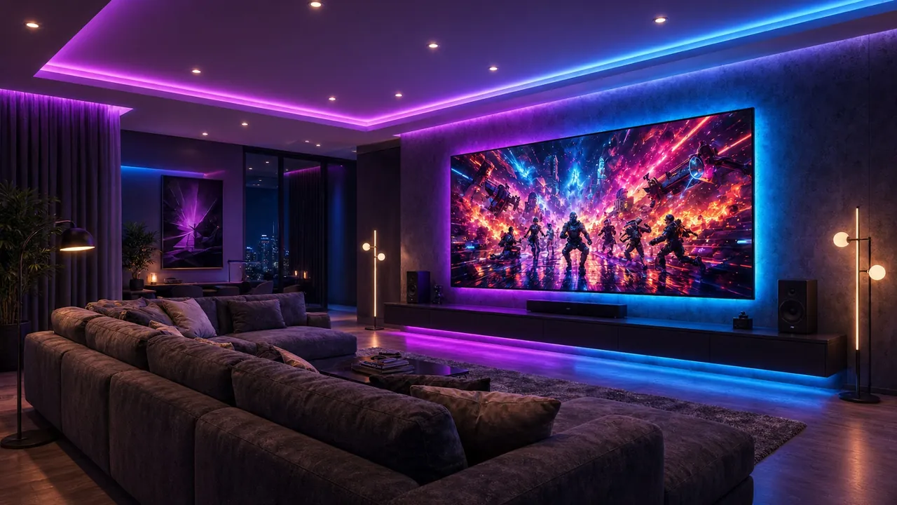 Modo game: Fitas RGB no rebaixo do teto e atrás da TV; a sanca vira moldura de luz.
